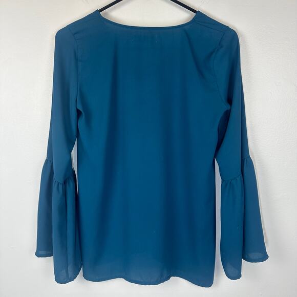 Abercrombie & Fitch Womens Bell Peasant Sleeve Lace-Up V-Neck Teal Blouse Top XS - Picture 2 of 8